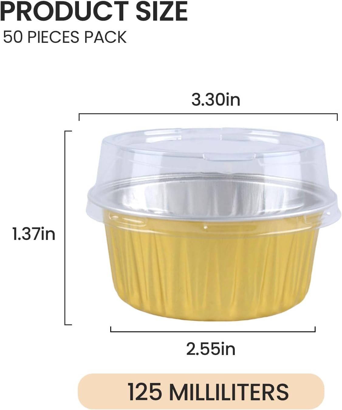 50 Pcs 5Oz Reusable Aluminum Foil Cupcake Baking Cups Mini Dessert Pudding Cups with Lid Oven Safe Baking Containers Perfect(Gold) image number 1