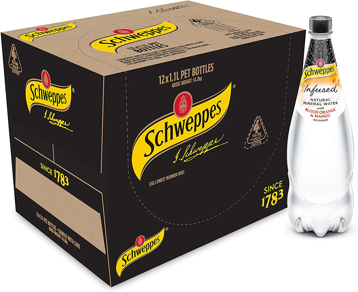 Schweppes Infused Natural Mineral Water with Blood Orange & Mango, 12 X 1.1L