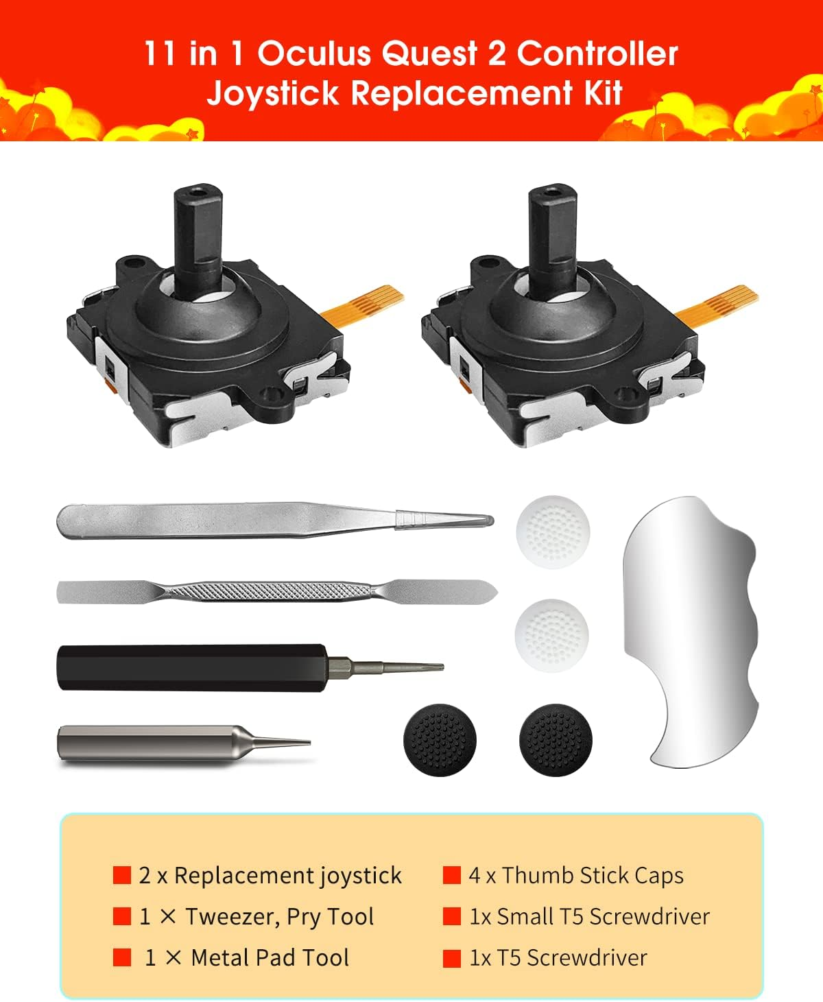 Joystick Replacement Kit for Oculus Quest 2 Controller(9 in One), Oculus Quest 2 Accessories for Oculus Controller, Include 2 Thumb Sticks, T6 Screwdriver, Tweezer, Pry Tool, 4 Thumbstick Grips (9 in One) image number 6