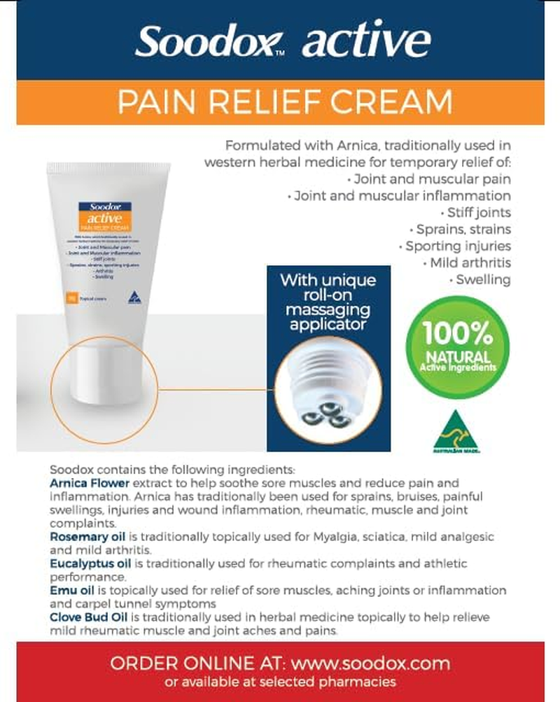 Soodox Active Pain Relief Cream 50G - 100% Natural Active Ingredients | Patented Roll on Massage Applicator - No Messy Hands! image number 2