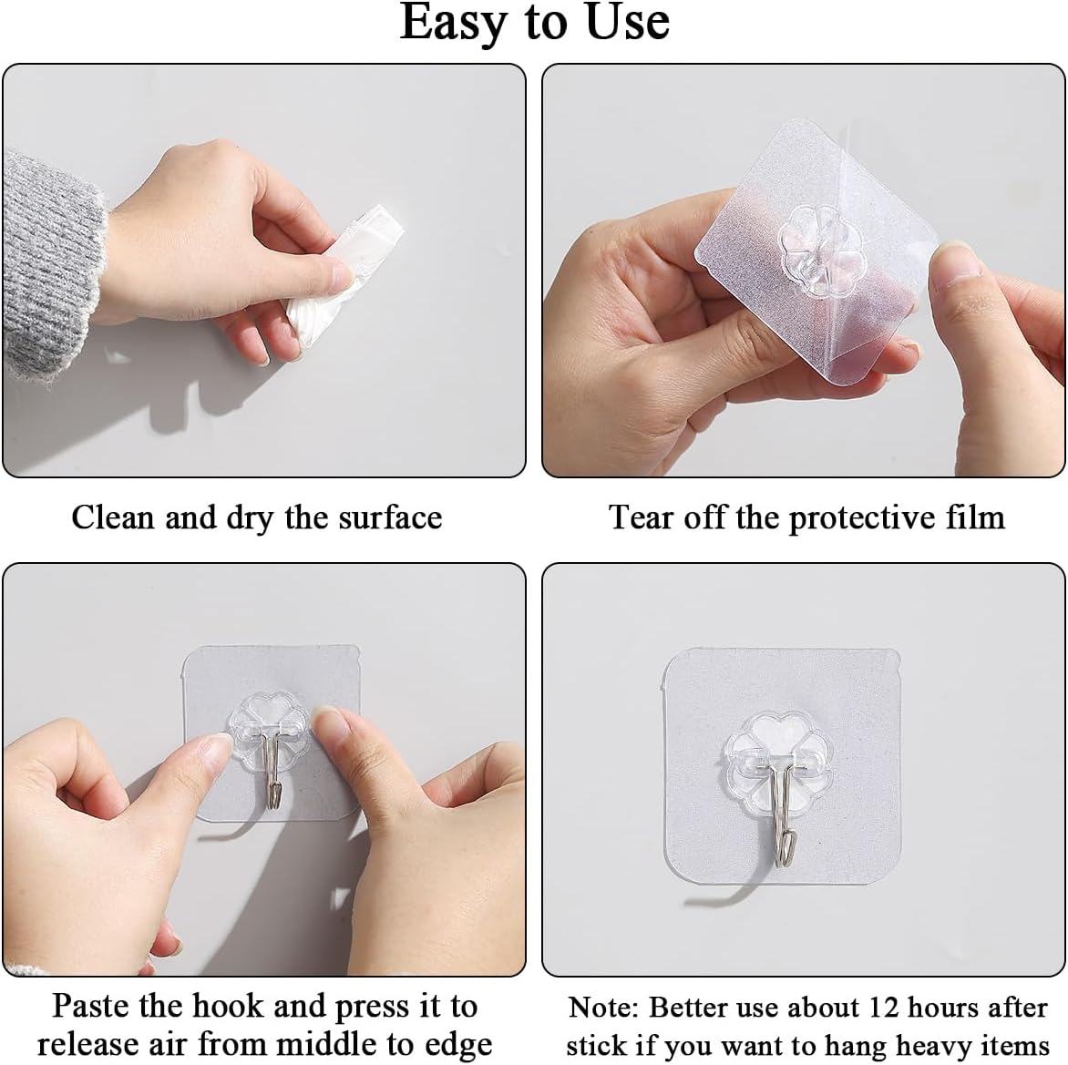 Berglander Adhesive Hooks for Hanging 12Pcs, Heavy Duty Wall Hooks Self Adhesive Towel Coat Hooks Waterproof Transparent Hooks for Bathroom Kitchen Keys Door Outdoor Home Improvement Utility Hook image number 4