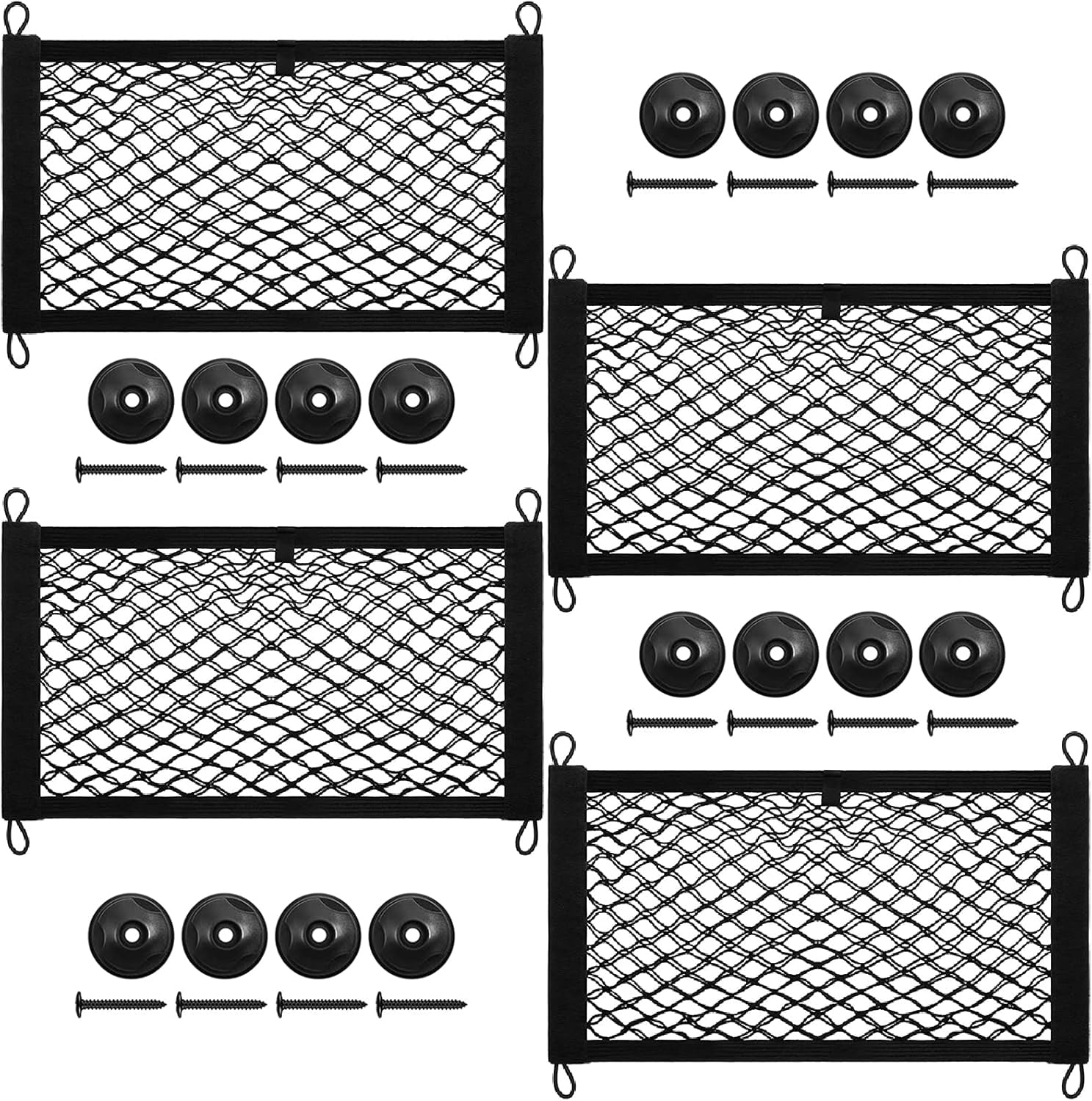 4 Pack Small Cargo Net, 17.7X9.8'' DEDC Large Storage Nets for Campervans, Double Layer Elastic Cargo Nets for RV, Boats with Mounting Screws, Hooks, Trunk Storage Net for SUV