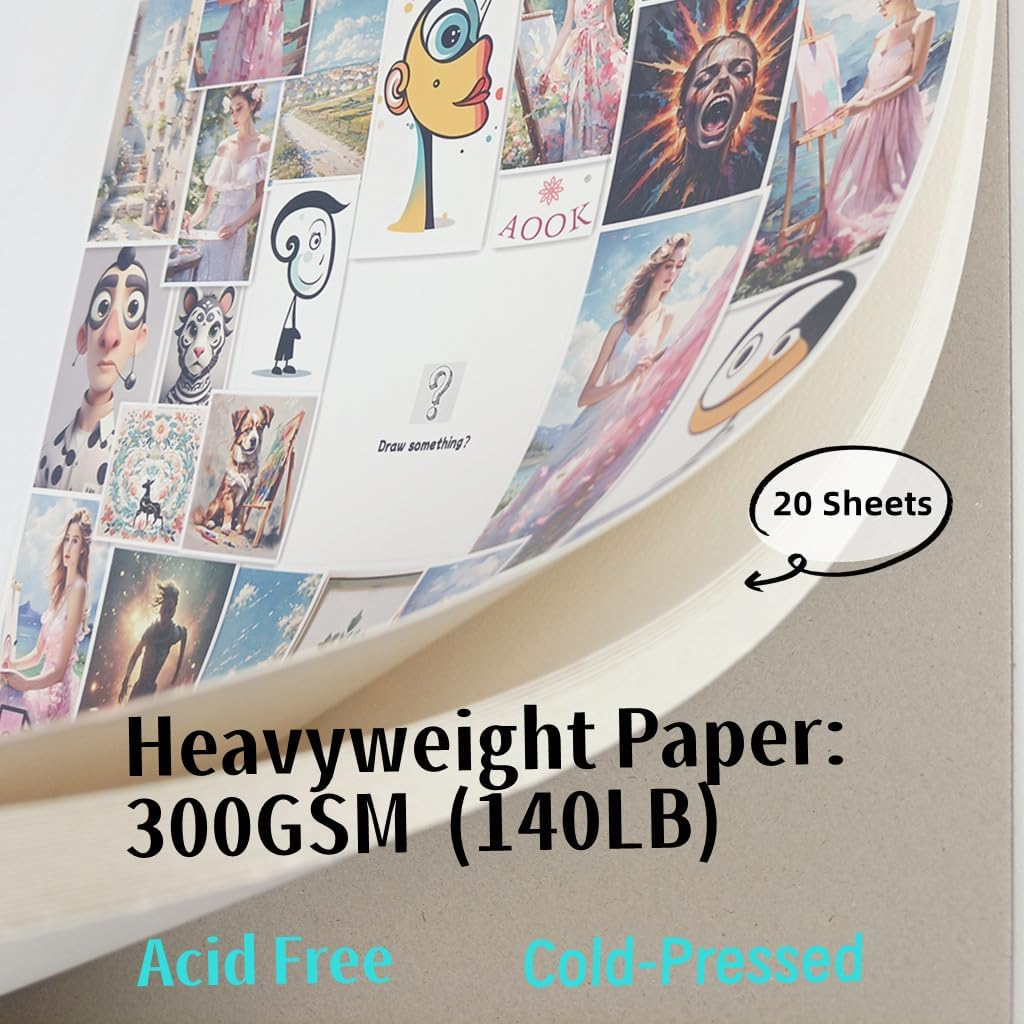 AOOK A3 Watercolor Paper Pad, 11.69X16.53 (140Lb/300Gsm) 20 Sheet Mixed Paper Mat, Top Packaging, Fine Texture, Suitable for Watercolor and Acrylic Art Mats (SX004 A3) image number 3