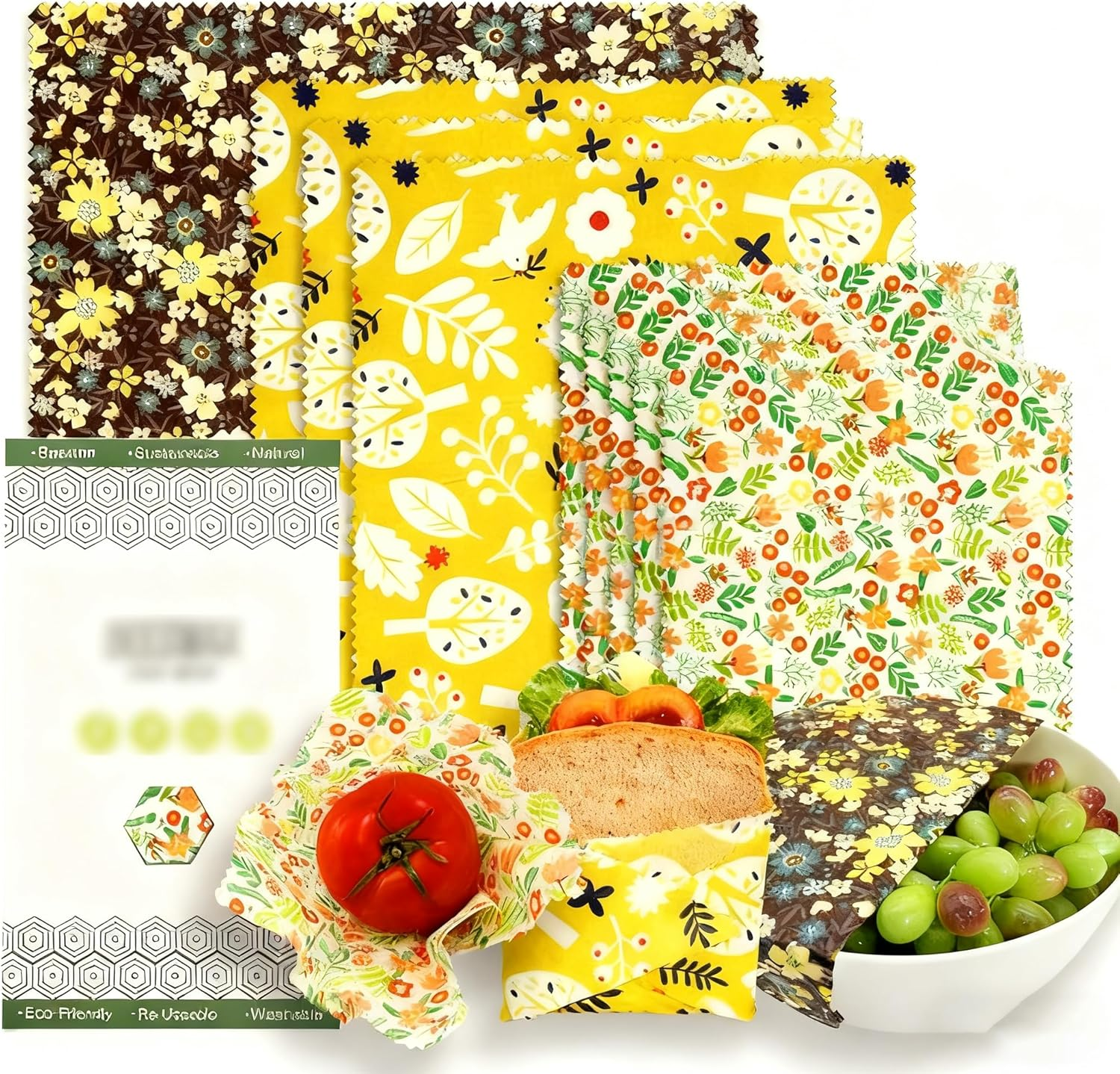 9 Pack Beeswax Wraps for Food, Eco-Friendly Beeswax Food Wraps, Bread Sandwich Wrapper - Organic, Sustainable, Zero Waste, Reusable Plastic-Free Food Storage Wrap, 1XL, 3M, 5S image number 1