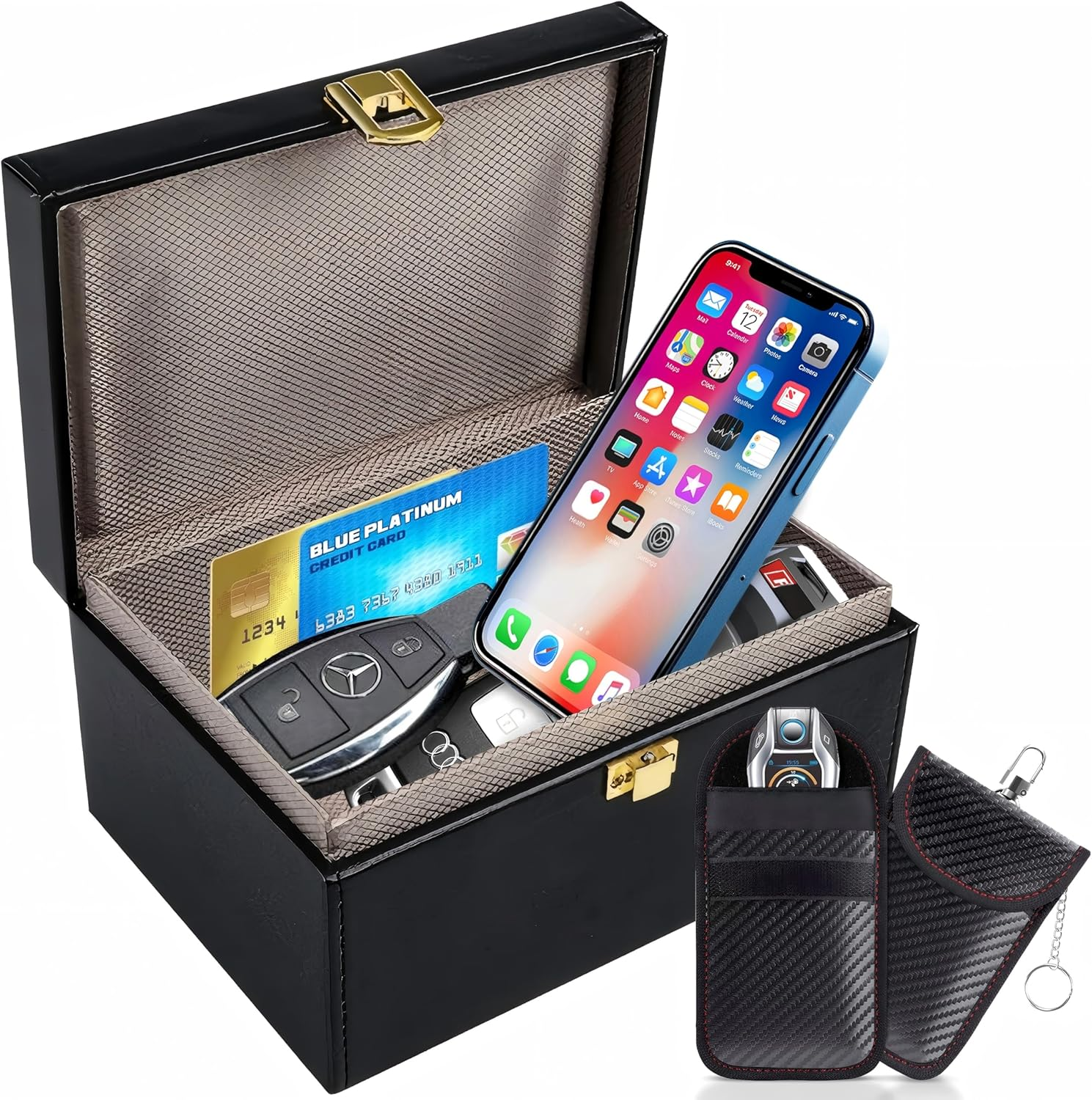Faraday Box, with Faraday Bags Car Key Signal Blocker Box, plus 2 Pack Faraday Pouch, Mobile Phone, Key Fob Protector, Key Fob Cage Block Signal Anti-Theft Fob Case, Car RFID Signal Blocking (Black)