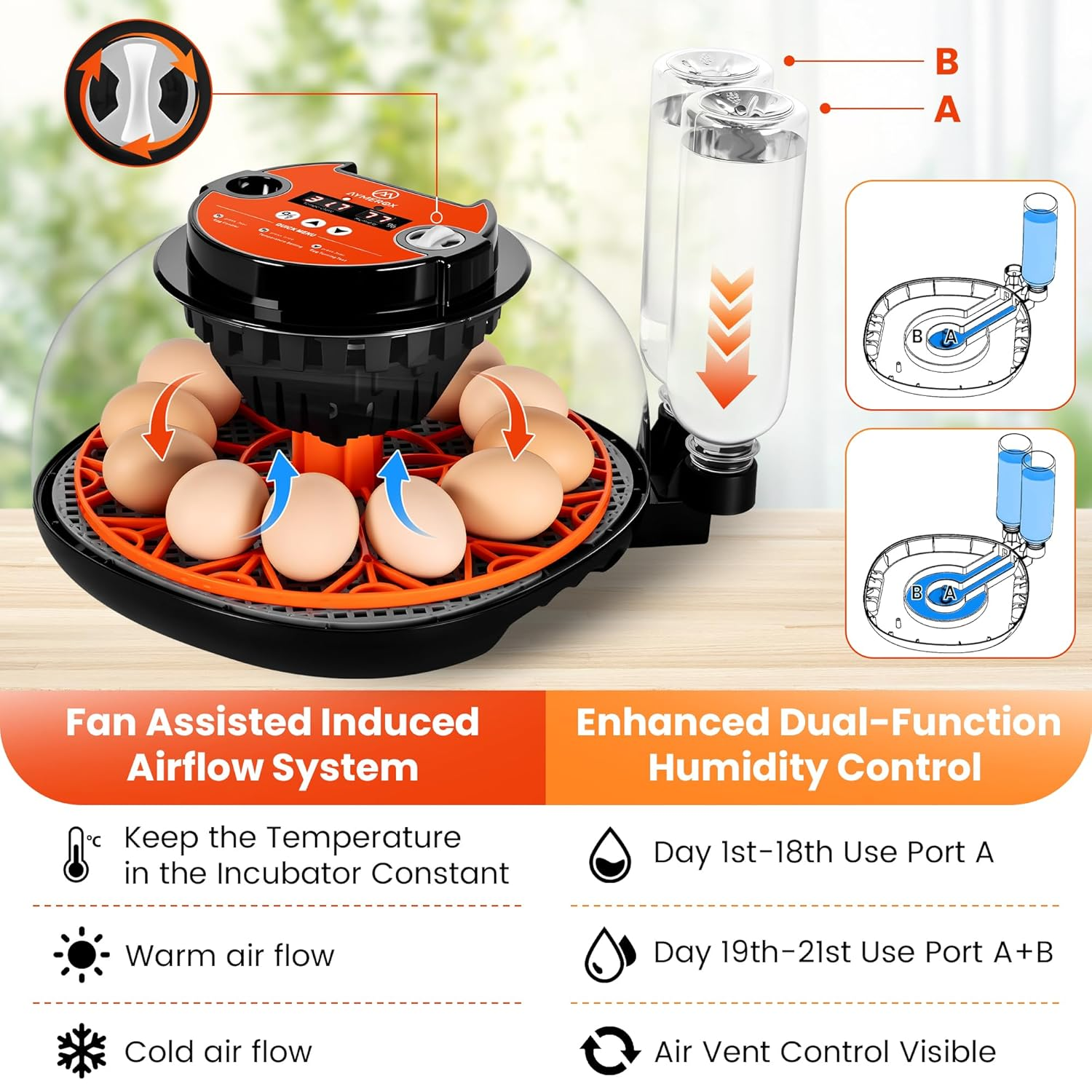 12 Egg Incubator for Hatching - Chicken, Duck, Quail & Goose &ndash; Automatic Egg Turner, Temperature & Humidity Control, Digital LED Display, Auto Water Refill System &ndash; Starter Kit with Plush Chick House image number 2