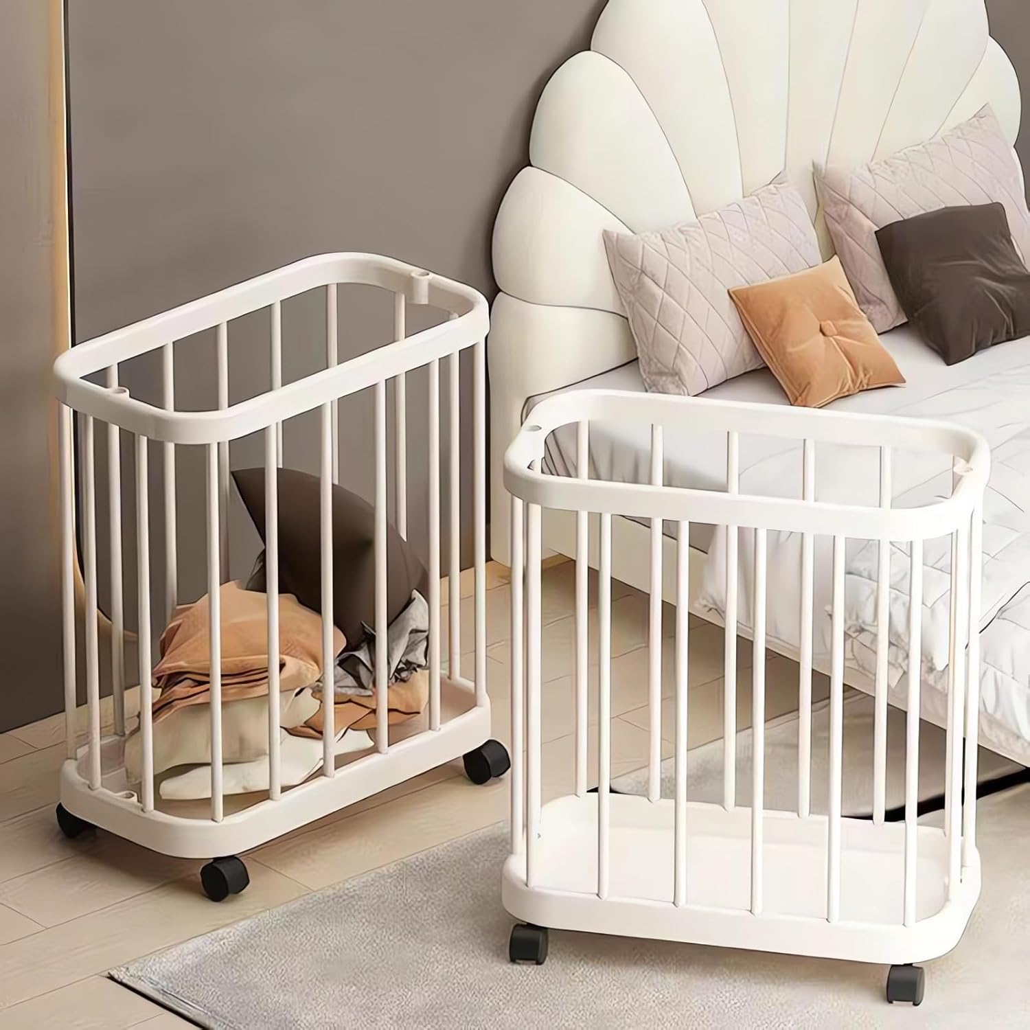 Rolling Storage Basket with Wheels, White Vertical Bar Design, Mobile Storage Cart for Toys, Clothes and Bathroom Essentials image number 4