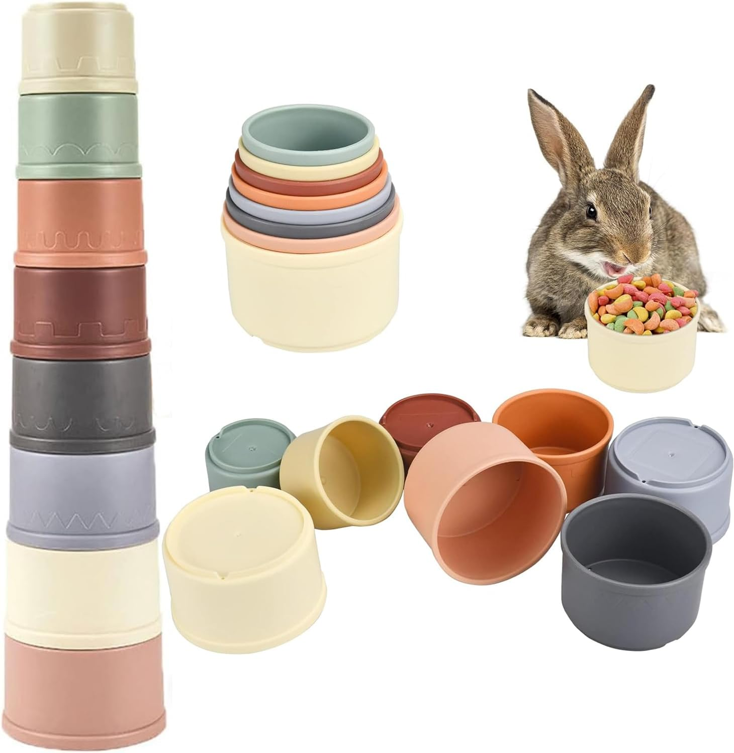 Hysgscwd 8Pcs Stacking Cups for Rabbits, Reusable Multicolored Different Sizes Bunny Gradient Nesting Toy, Stackable Rabbit Foraging Toy for Small Animals Bunnies Guinea Pig Hiding Food and Playing image number 5