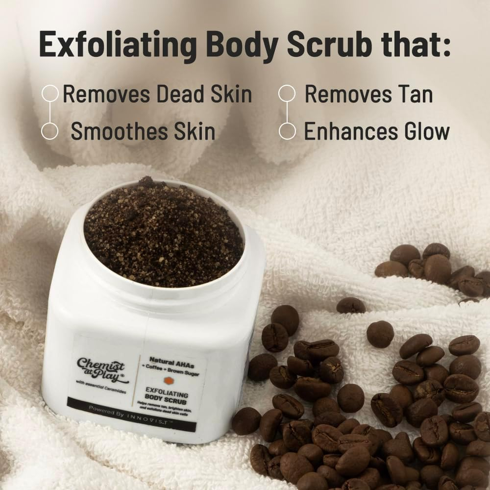 Chemist at Play Exfoliating Body Scrub for Removing Tan & Dead Skin Cells | Rough & Bumpy Skin| Tanned & Pigmented Skin | for Smooth| Soft & Bright Skin | Natural Ahas | Coffee 2.6 Fl Oz. image number 1