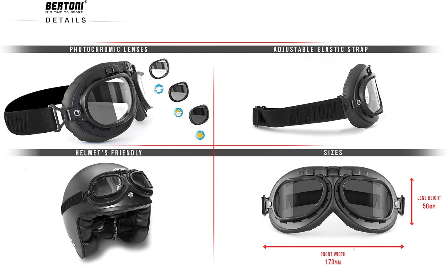 Bertoni Vintage Aviator Motorcycle Goggles Matt Black Anticrash Photochromic Lenses - F195PH Pilot over Helmets Goggles image number 1