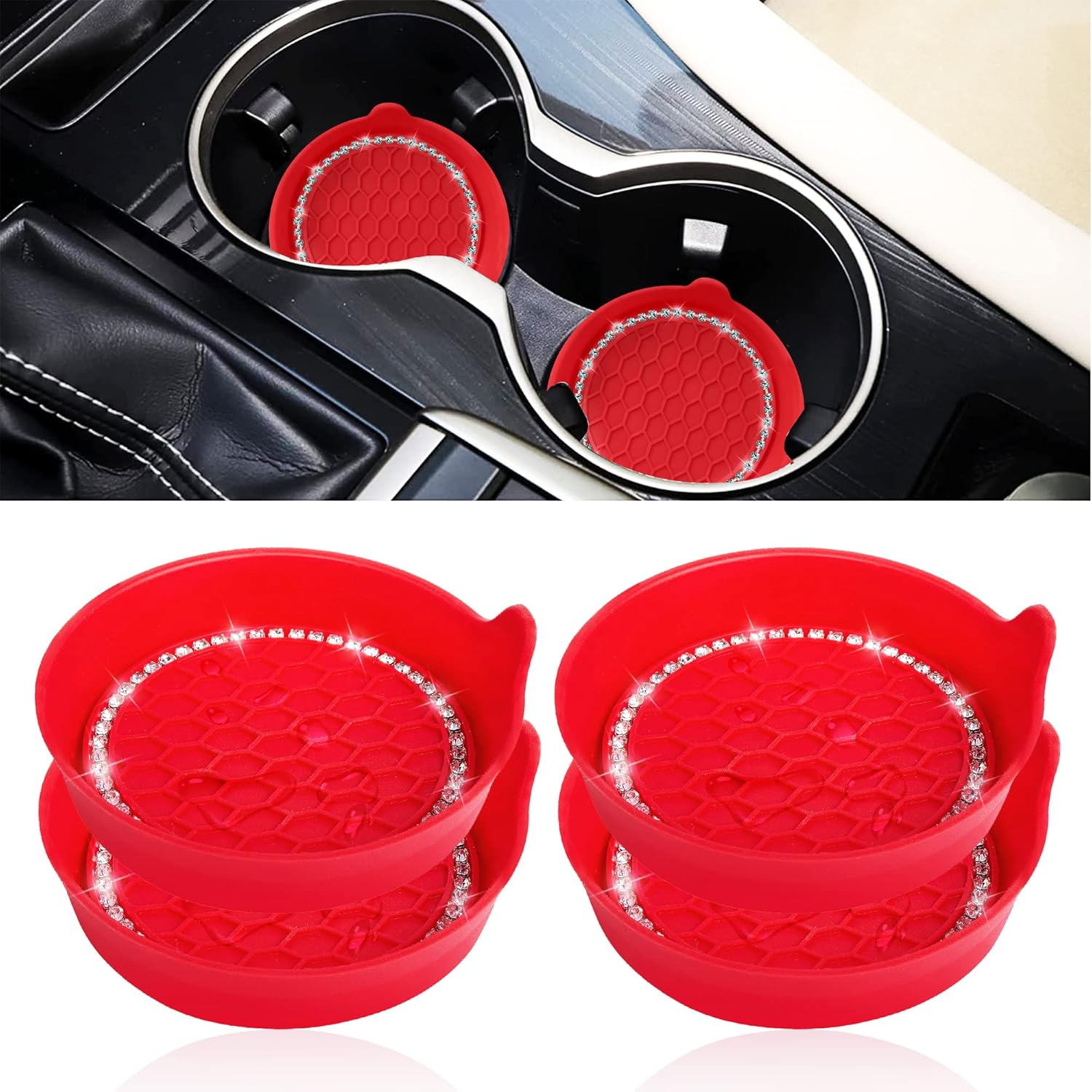 Toiyason Car Cup Coaster Universal Vehicle Spill Holder Automotive Interior Accessory with Bling Rhinestone Red 4 Pack