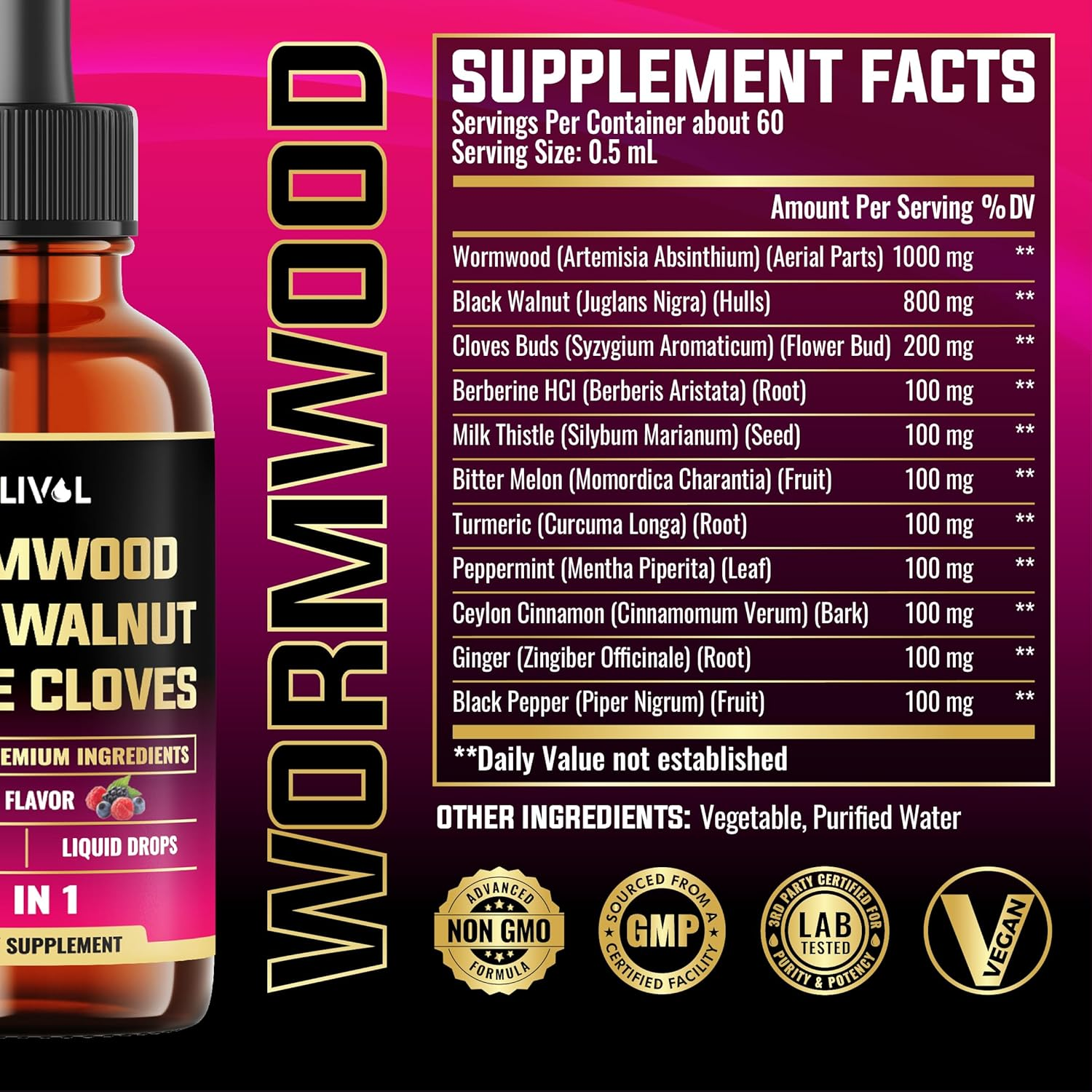 11In1 Black Walnut Wormwood Tincture Extract with Whole Cloves, Berberine and 8 More - 2 Months Supply - 1 Fl Oz - Berry Mix Flavor image number 4
