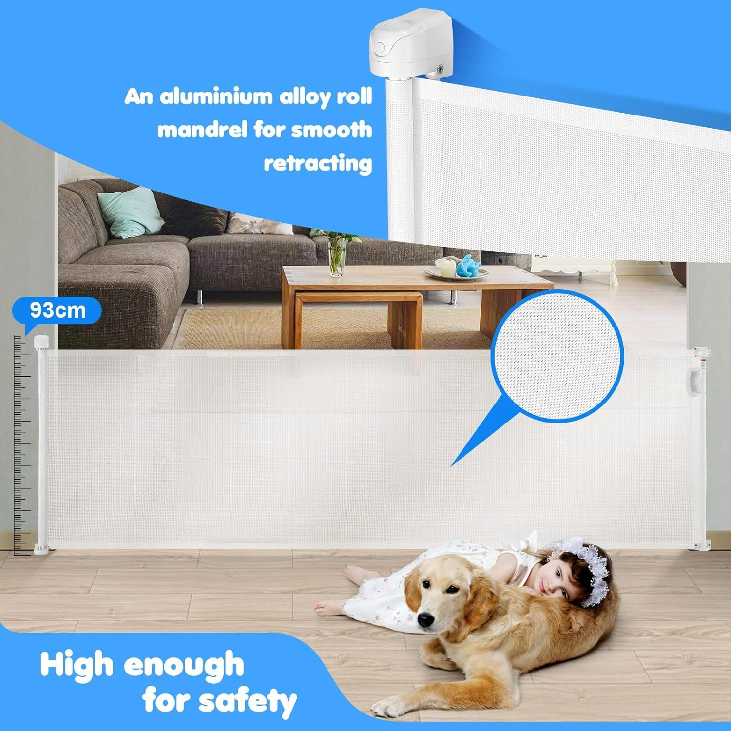 Pet Scene Retractable Safety Gate Extends to 350CM, 93CM Tall Baby Gate Enclosure Fence Safe Guard Barrier for Stairs Doorway Security Mesh Fencing Barrier for Pets & Childs, White image number 2
