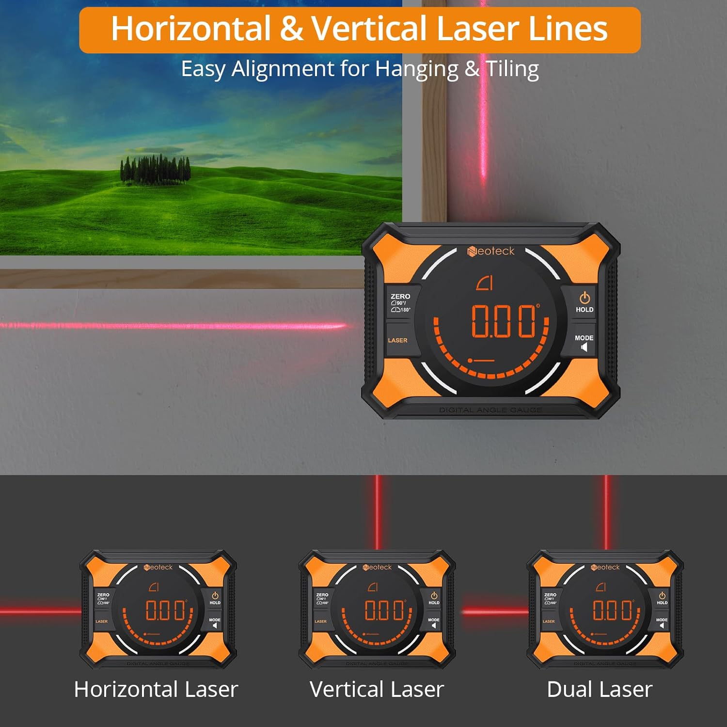 Neoteck 3-In-1 Laser Level Digital Angle Gauge with Magnetic Base &ndash; Rechargeable Digital Inclinometer with 0-90&deg; & 0-180&deg; Range, Cross Line Laser for Woodworking, Carpentry, DIY & Alignment