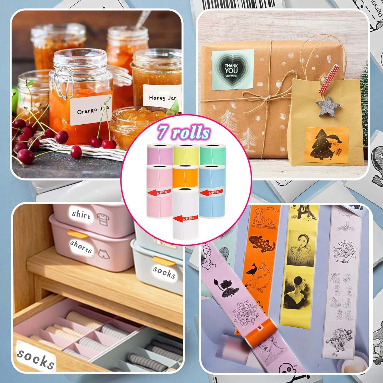 7 Rolls Mini Printer Sticker Paper 53X28Mm for Phomemo T02/M02/M02S/PRO Mini Printers, 3.75M Mini Colorful Self-Adhesive Thermal Sticker Paper for Study Notes, Journals, Photos