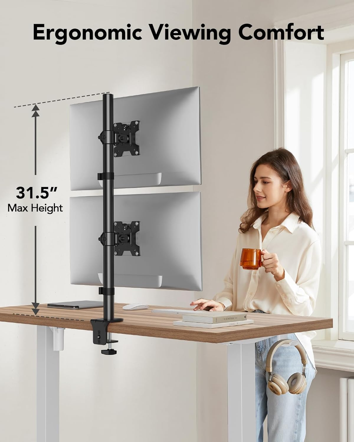 HUANUO Vertical Dual Monitor Mount, Stacked Monitor Stand for 2 Monitors with Height Adjustment Computer Monitor Arm Supports Two 17 to 32 Inch with C Clamp Each Desk Mount Hold up to 17.6Lbs image number 6
