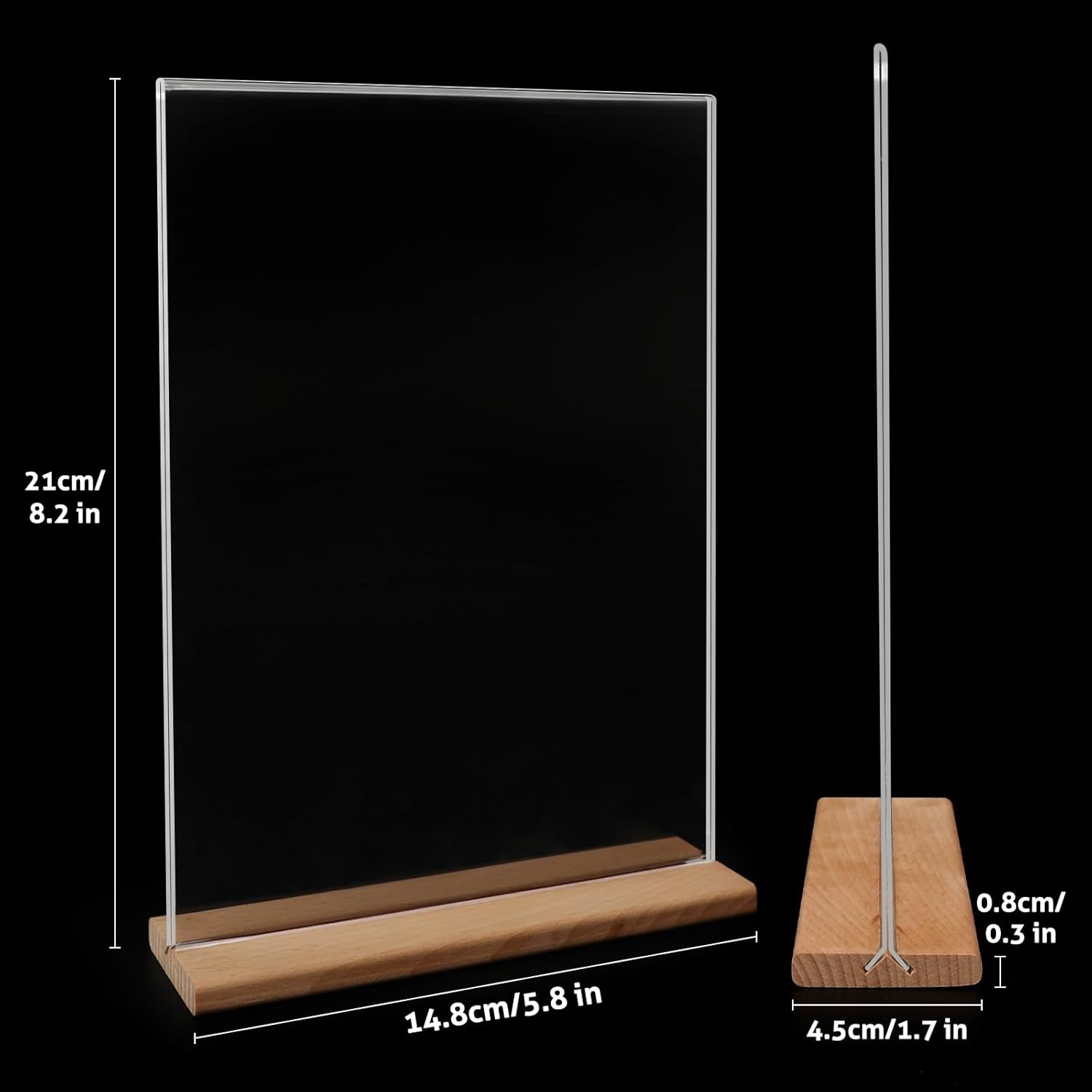 Fayrvind 5 Pack A5 Acrylic Sign Holder with Wooden Base, T-Shape Perspex Display Holder, Double Sided Clear Menu Poster, Wedding Table Number Stands, Tabletop Sign Holder for Retailer Vendor Booth image number 1