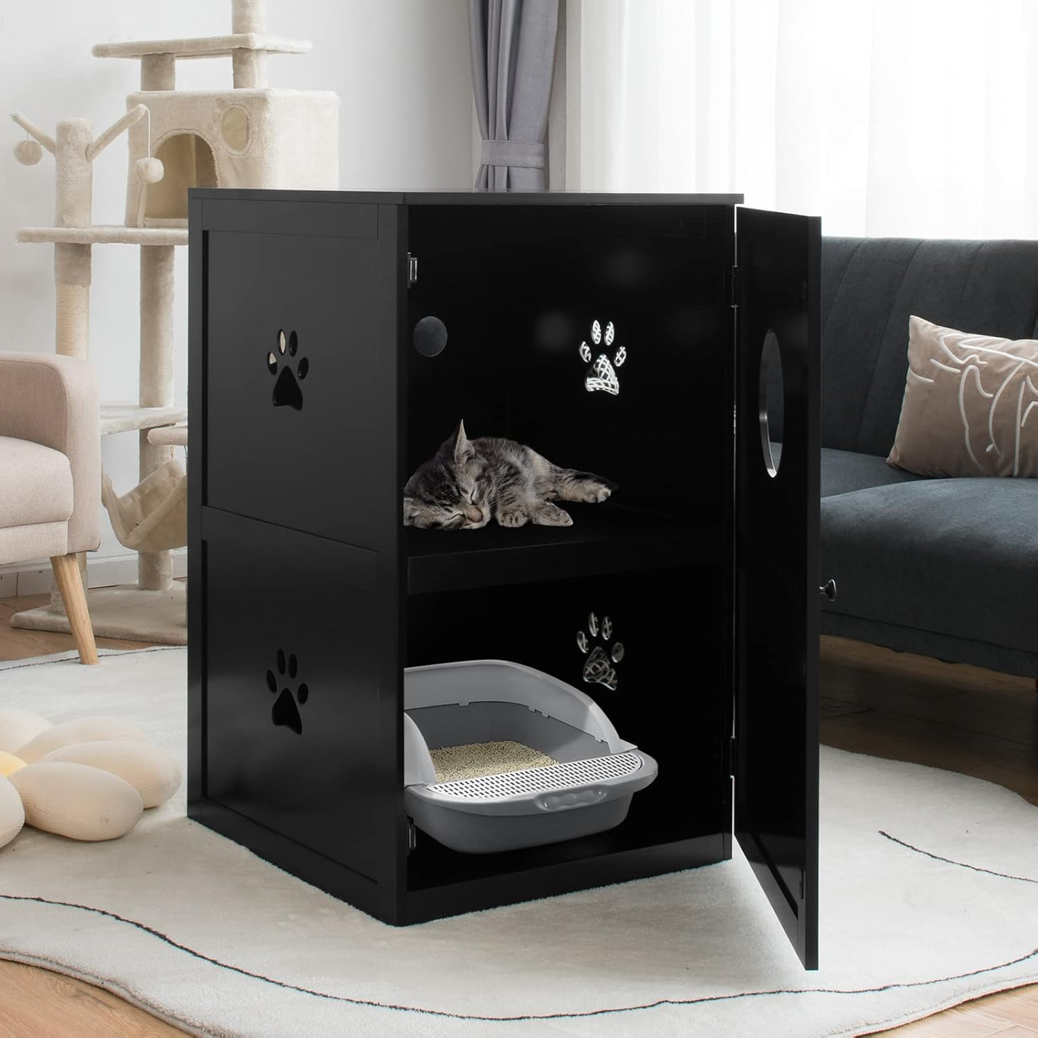 Costway 2-Tier Litter Box Enclosure, Cat House Bench W/Anti-Toppling System & Openable Door, Privacy Cat Washroom W/Multiple Vents & Entrance Hole, Side Storage Cabinet, Home, Pet Store (Black) - Black image number 2