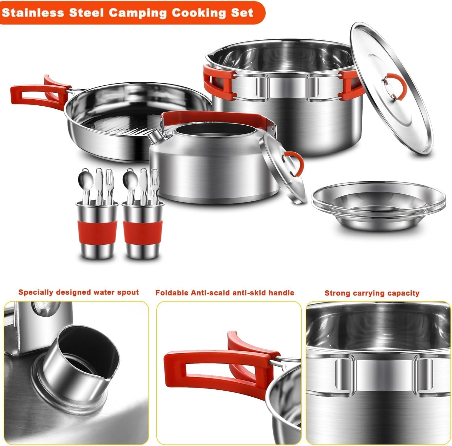 Camping Cookware Kit, 304 Stainless Steel Camping Cooking Set, Camping Pot and Pan Set with Kettle Cups Plates Forks Knife Spoon for Camping Outdoor Hiking Picnic Rvs for 2-3 People image number 6