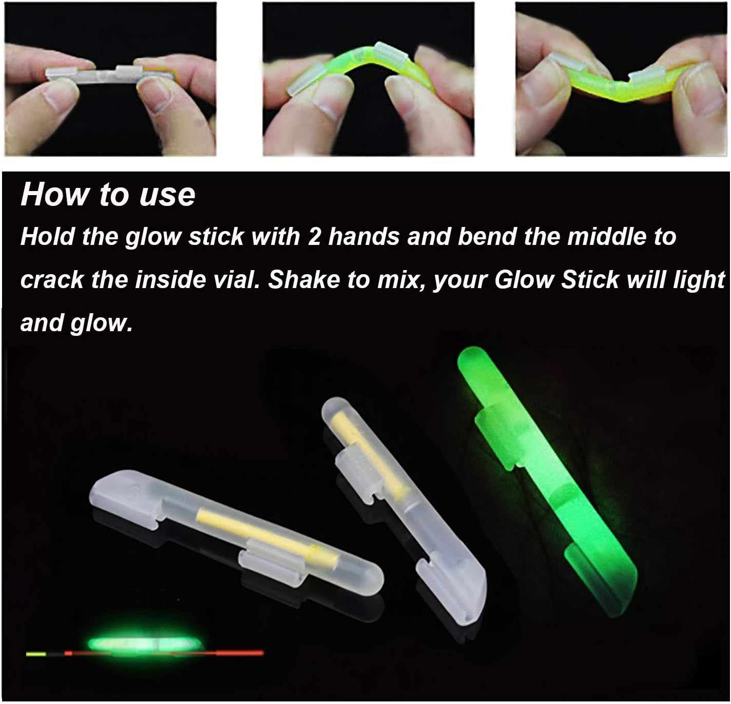 THKFISH Fishing Glow Sticks Rod Tip Glow Sticks Fishing Rod Floats Glow Stick Fishing Rod Night Fishing Light Fishing Green Fluorescent Light 100Pcs(50Bags) #M #L #XL