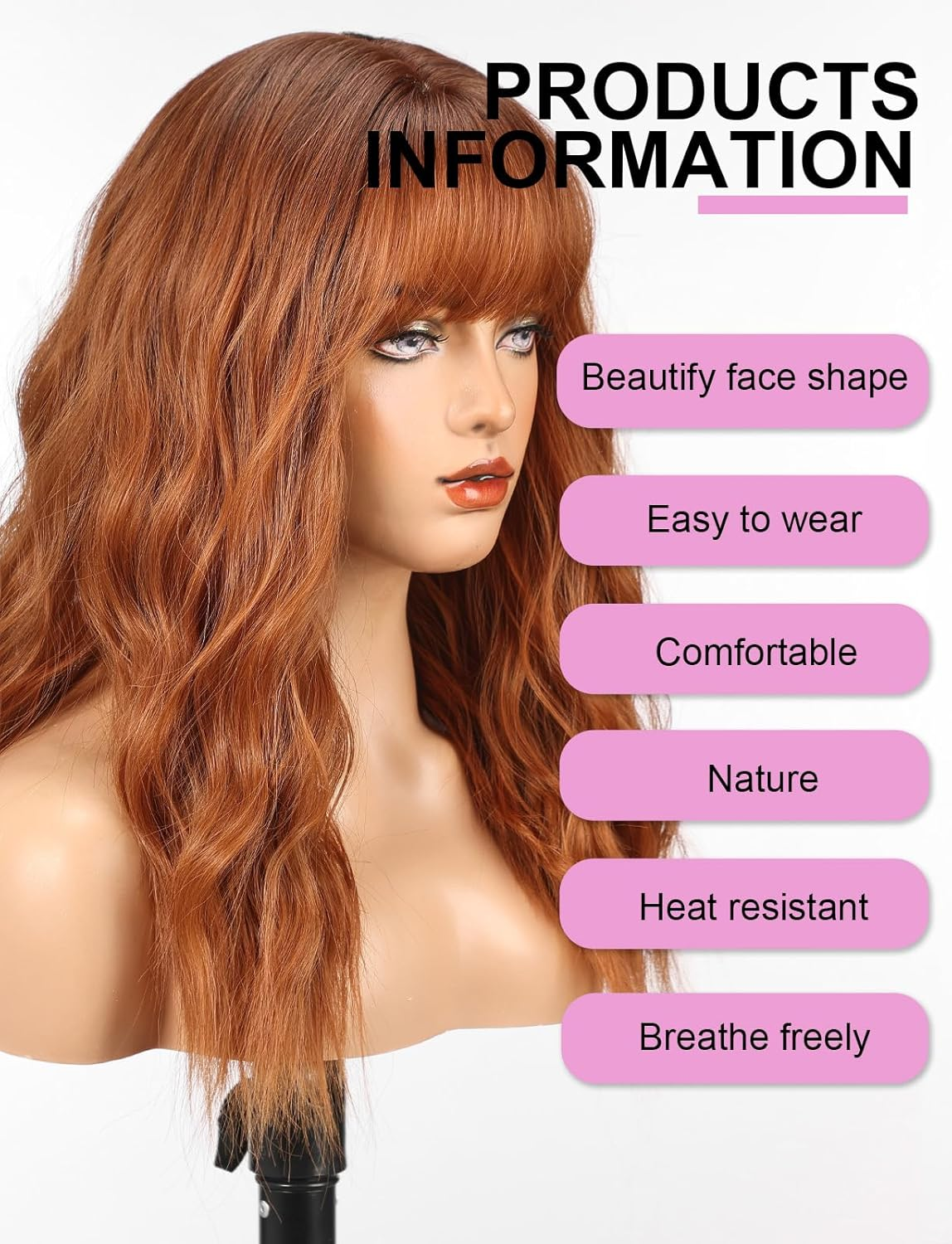 WOKESTAR Long Wig with Fringe Synthetic Wavy Wigs for Women Ginger Colour image number 2