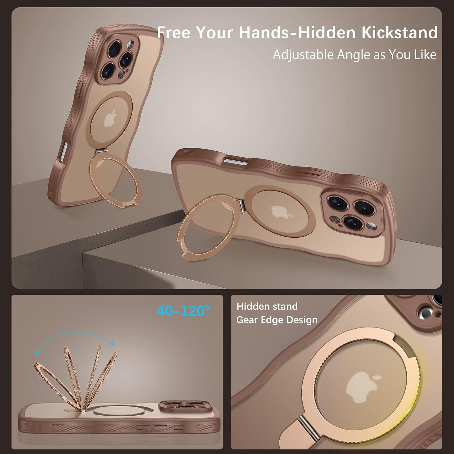 Gaobao Magnetic for Iphone 16 Pro Case, [Compatible with Mag Safe], Cute Curly Wave Frame Matte Back Protective Phone Case Cover with Invisible Kickstand for Iphone 16 Pro 6.3'', Desert Titanium Gold image number 3