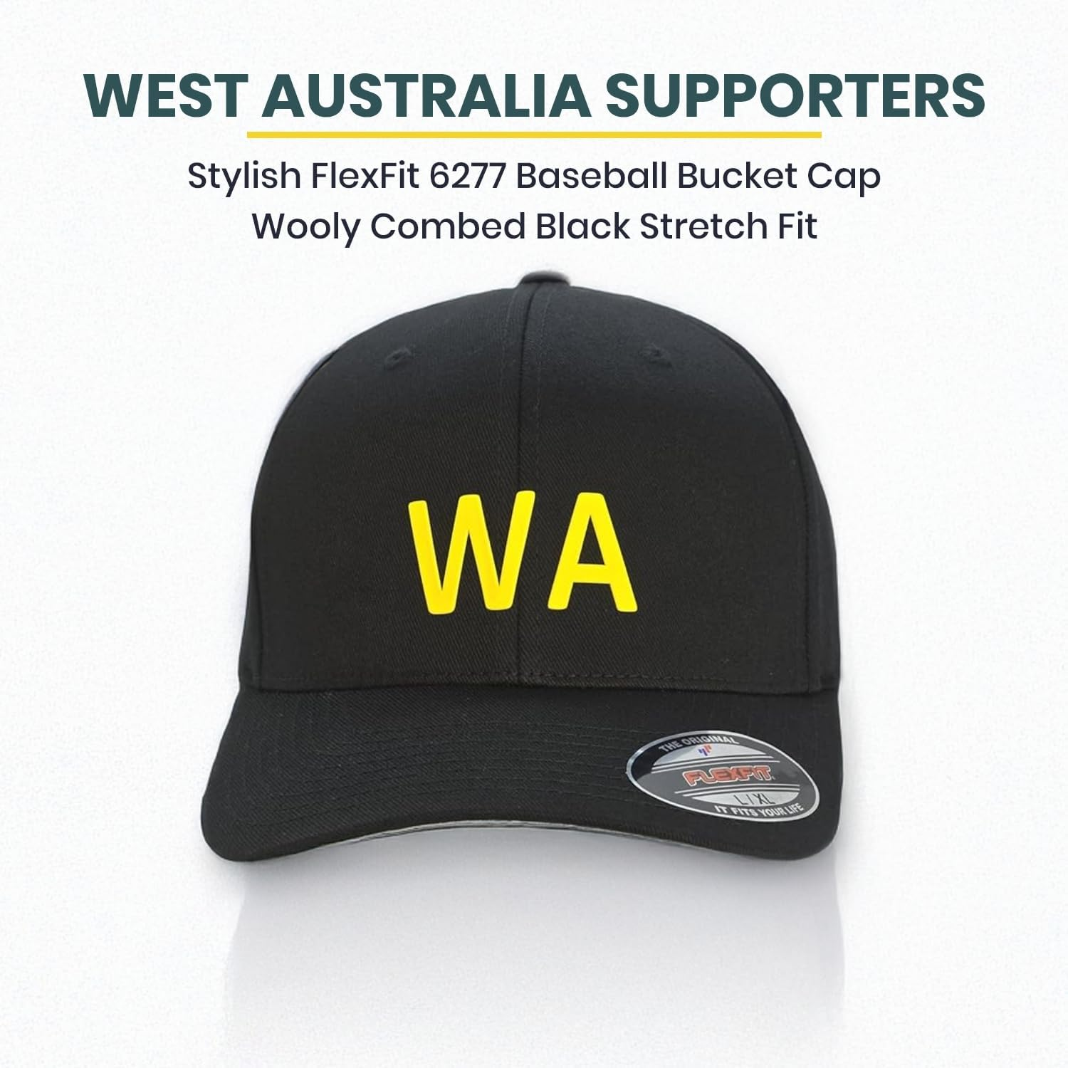 WA Supporters Cap, Flexfit 6277 Wooly Combed Baseball Cap, Acrylic-Wool, Flexfit Technology, 6-Panel, Silver Undervisor, Stretch Fitted, Premium Mid-Profile, Black with Yellow 'WA' Badge image number 1