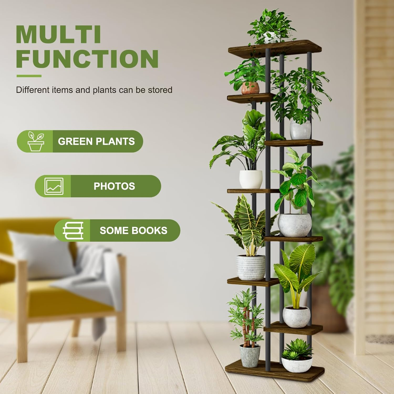 STEUGO Tall Plant Stand Indoor Plant Stands Wood Outdoor Tiered Plant Shelf for Multiple Plants，8 Tier 9 Potted Indoor Plant Shelf ,Suitable for Garden Corner Balcony Living Room（Black） image number 6