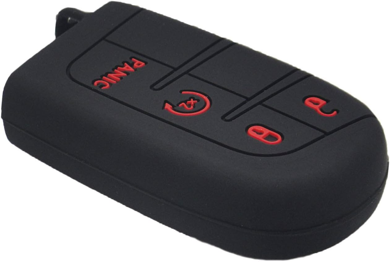 Lemsa 2Pcs Rubber Silicone Key Fob Cover Remote Keyless Protector Bag Holder for Dodge Durango Journey Dart Challenger Jeep Renegade Fiat, Black+Red Buttons image number 6
