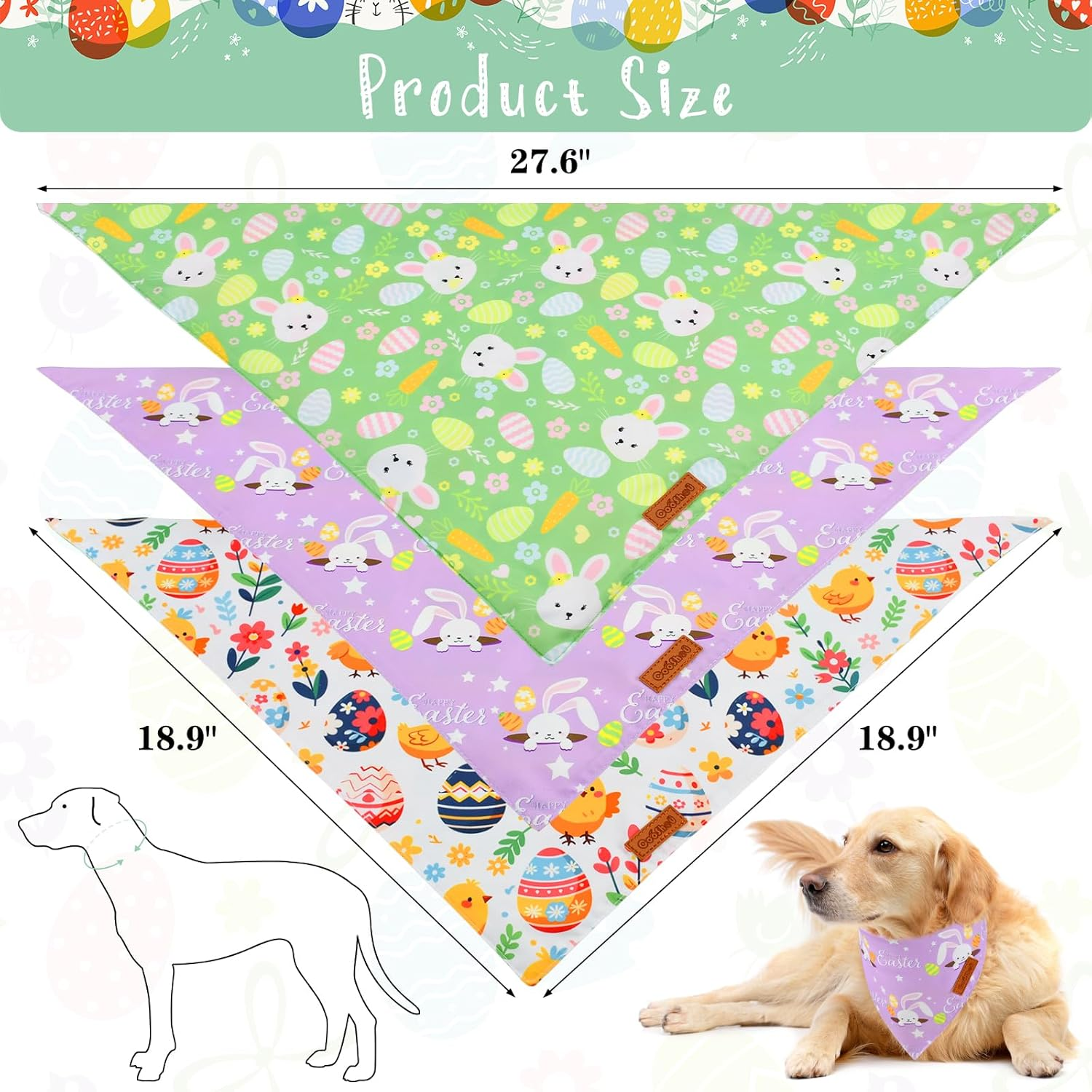 Cooshou Easter Themed Bandanas for Dogs Reversible Dog Scarf Dog Easter Outfits Handmade Easter Dog Bandanas for Small Middle Large Dogs Wear (3PCS) image number 2