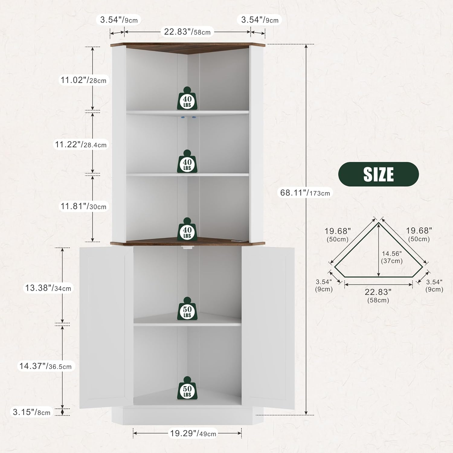Dystler Tall Corner Cabinet with LED Light, Farmhouse Bathroom Cabinet with 2 Doors and 3 Tier Shelves, Free Standing Corner Storage Cabinet for Laundry Room, Living Room, Bedroom or Kitchen, White