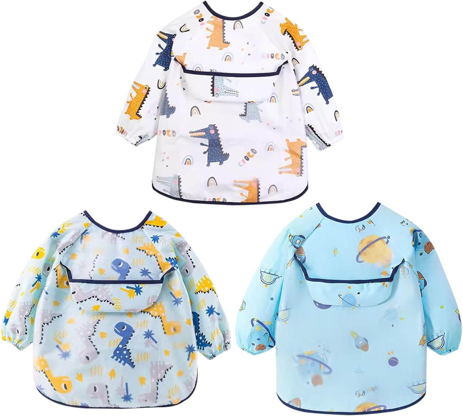 3 Pcs Long Sleeve Baby Bibs Set, Baby Smock Bib Infant Feeding Bibs with Food Catcher Pocket Waterproof, Wipe Clean Fit Toddler 3-24 Months image number 5