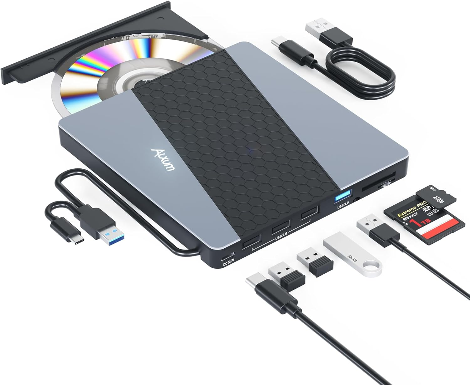 Alxum DVD Drives for Laptop - USB 3.0 & Type-C CD/DVD RW ROM Burner Rewriter with SD/TF Slot & USB Ports DVD 8X CD 24X Slim Optical Disc Drive DVD Player for Desktop/Windows/Linux/Vista/Imac/Macbook image number 3
