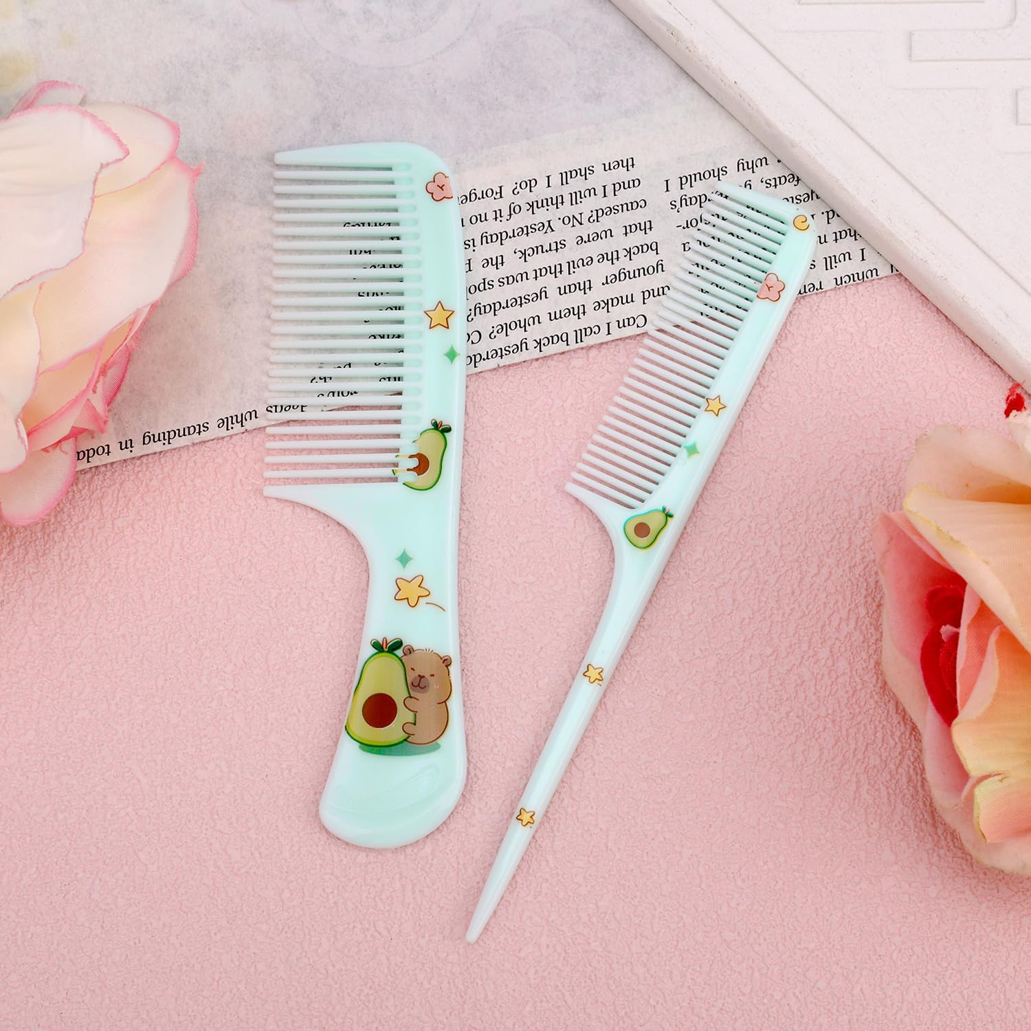 2Pcs Capybara Baby Hair Comb Set, Adorable Plastic Fine Tooth & Rat Tail Mini Combs for Toddlers and Kids Anti-Static Combs for Dry Hair (Green) image number 1