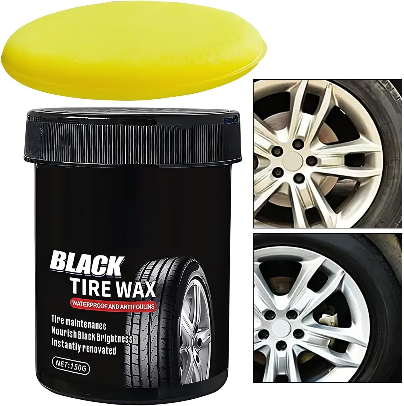 Car Tire Shine | 150G Vehicle Cleaning Balm - with Sponge Waterproof Auto Tire Shine | for Vehicle Exterior Automotive Truck Trailer Tractor RV SUV image number 2