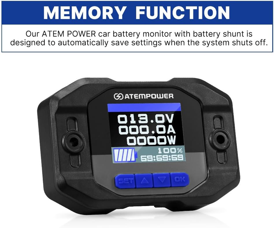ATEM POWER 12V 500A Battery Monitor with Shunt Wire, LCD Display, Real-Time Monitor Voltage Current Watt Compatible with Lithium, Lead-Acid, AGM, Gel Batteries, Flush Mount Available