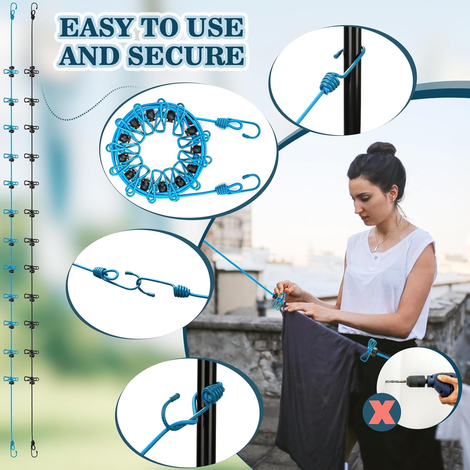 NINEMAX Stretchy Retractable Travel Clothesline - Portable Clothesline with 12 Clothespins, Windproof Camping Clothesline with Hooks, Elastic Clothes Drying Line for Outdoor and Indoor Use image number 6