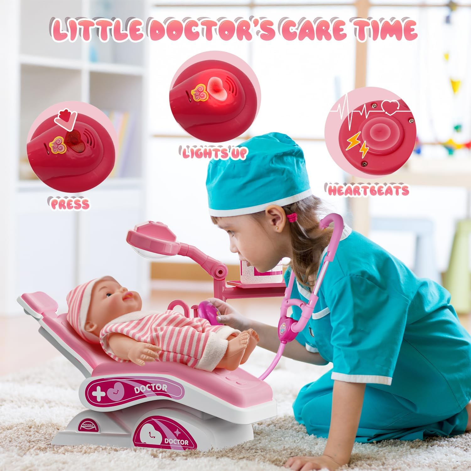 Toy Doctor Kit for Toddlers, Kids Dentist Play Set with Dentist Chair, Doll Toy, Stethoscope, Large Carrying Storage Bag, Dental Accessories, Pretend Doctor Play Medical Gift Kit for Girls Pink image number 1