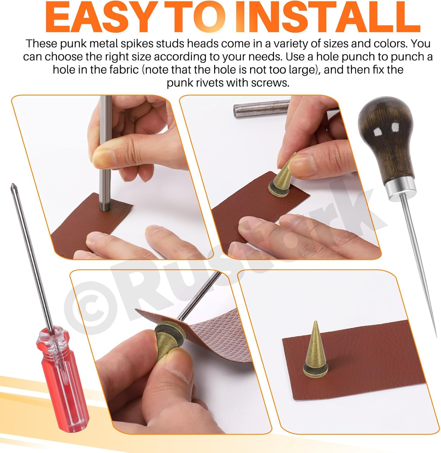 179Pcs 8 Sizes Antique Bronze Metal Punk Spikes and Studs Assortment Kit with Tools, Punk Rivet Studs Rivets Screw Screwback Studs Rivets for Punk Style Clothing Accessories Craft Decoration - Gun Black image number 7