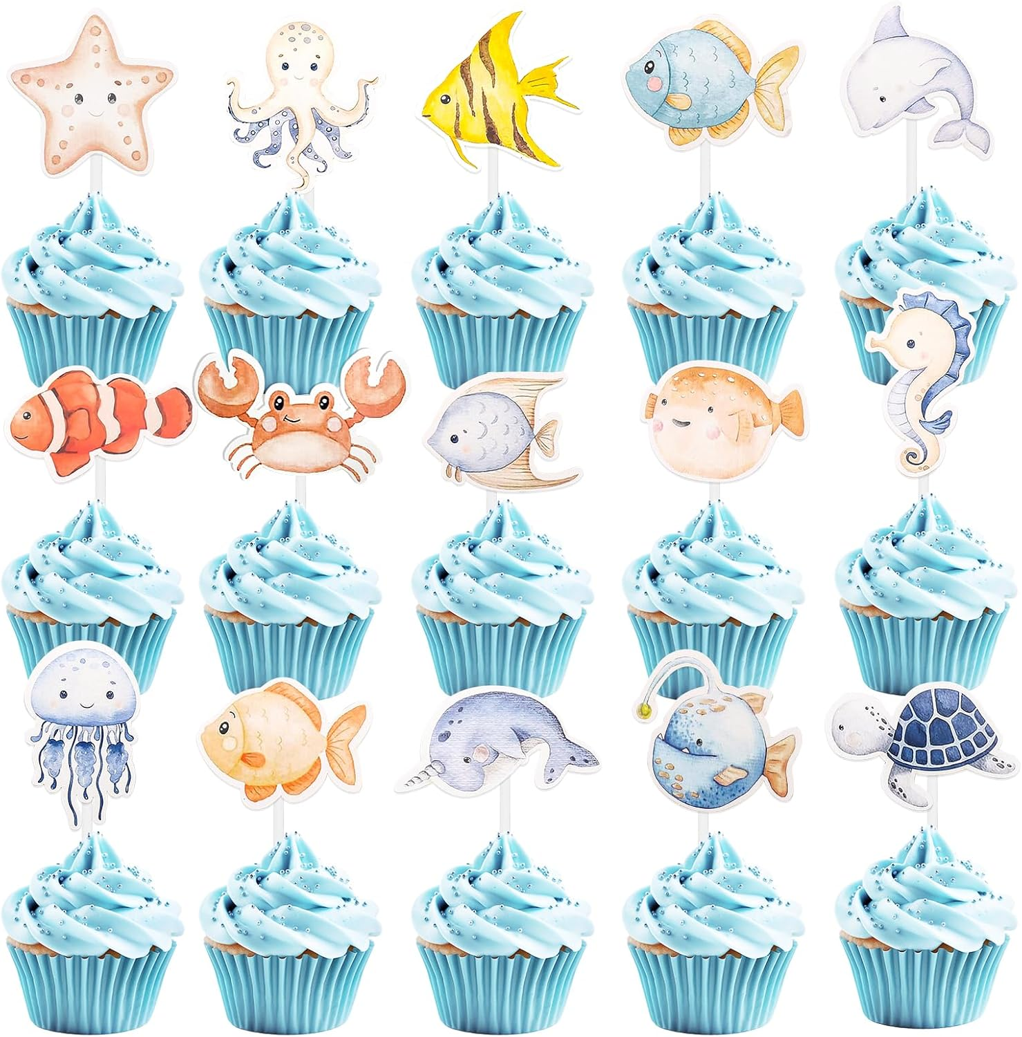 ENLACE Pack of 36 Sea Animals Cupcake Toppers, Ocean Theme Cake Decoration for Birthday, Christening
