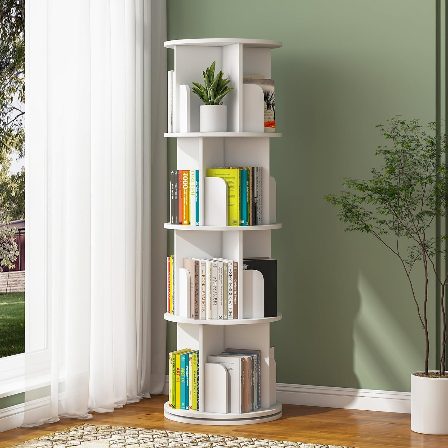 Ufurniture Rotating Bookshelf, 4-Tier Wooden Bookcase, Corner Standing Display Shelf Organizer, CD Storage Rack for Small Space Living Room Office Kids Furniture, White image number 2