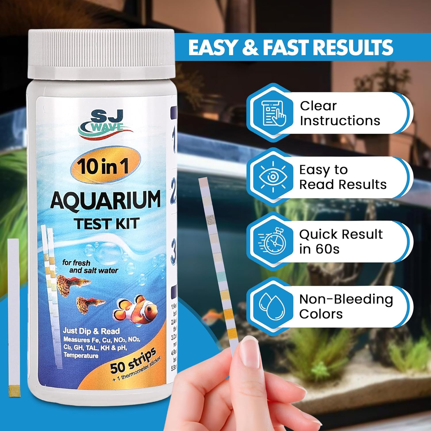 11 in 1 Aquarium Test Strips - Fish Tank Water Testing Kit with Ammonia Test Strips for Fish Tank (150 Strips) & Ebook | Includes 50 Ammonia Strips, Thermometer, & Test Kit for Ponds & All Fish Tanks