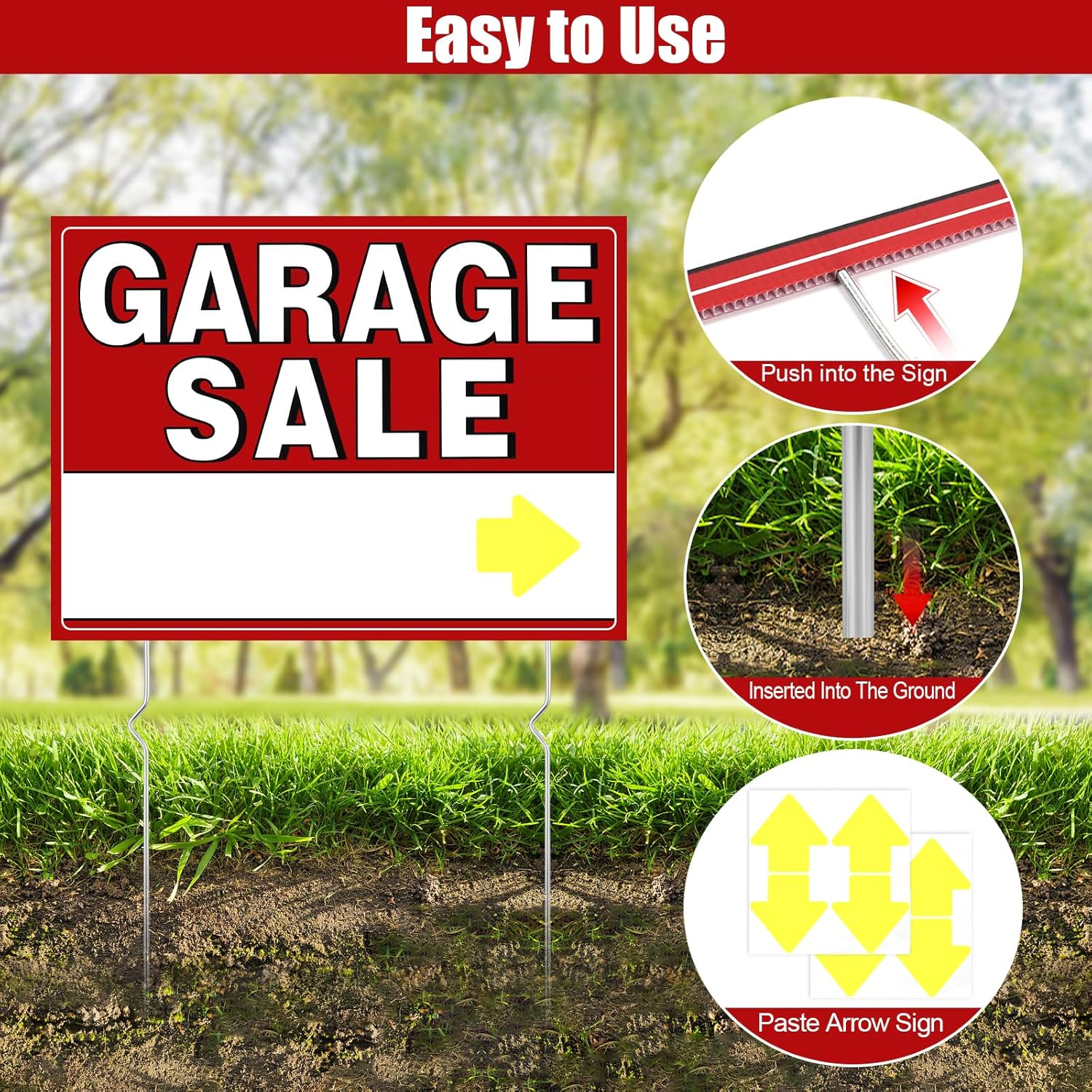 4Pcs Garage Sale Sign, Garage Sale Signs Set with Stakes 16X12 Inch Double Sided Yard Sale Signs with Arrow Price Stickers Waterproof Garage Sale Sign for Sales Event image number 6