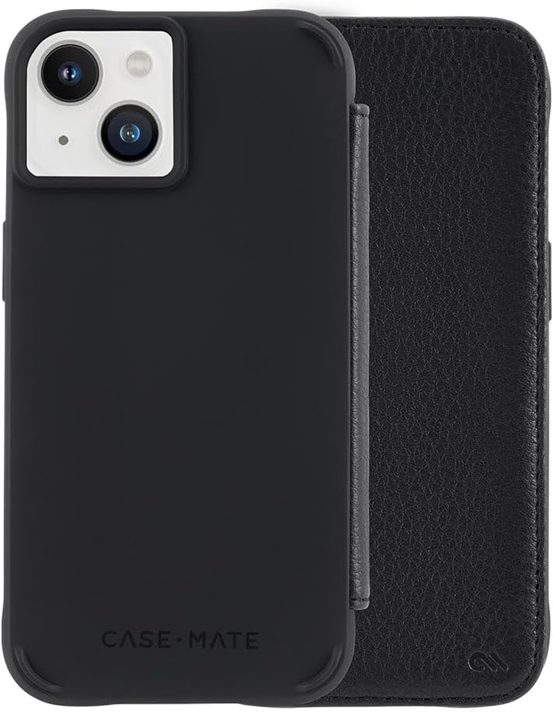 Case-Mate Wallet Folio Iphone 14 Case/Iphone 13 Case - Black [10Ft Drop Protection] [Compatible with Magsafe] Flip Folio Cover Made with Genuine Pebbled Leather, Landscape Phone Stand, Card Holder