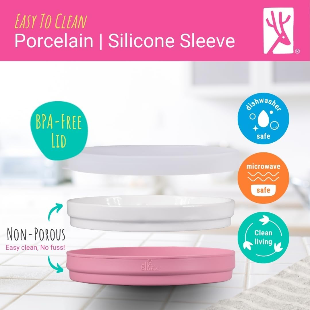 Elk and Friends Kids 7.8&rdquo; Porcelain White Divided Plates with Silicone Suction Sleeves + Lids | Suitable for Babies/Toddlers | Microwave & Dishwasher Safe | Stay Put Dinnerware | Snack Dishes | 4 Pack image number 3