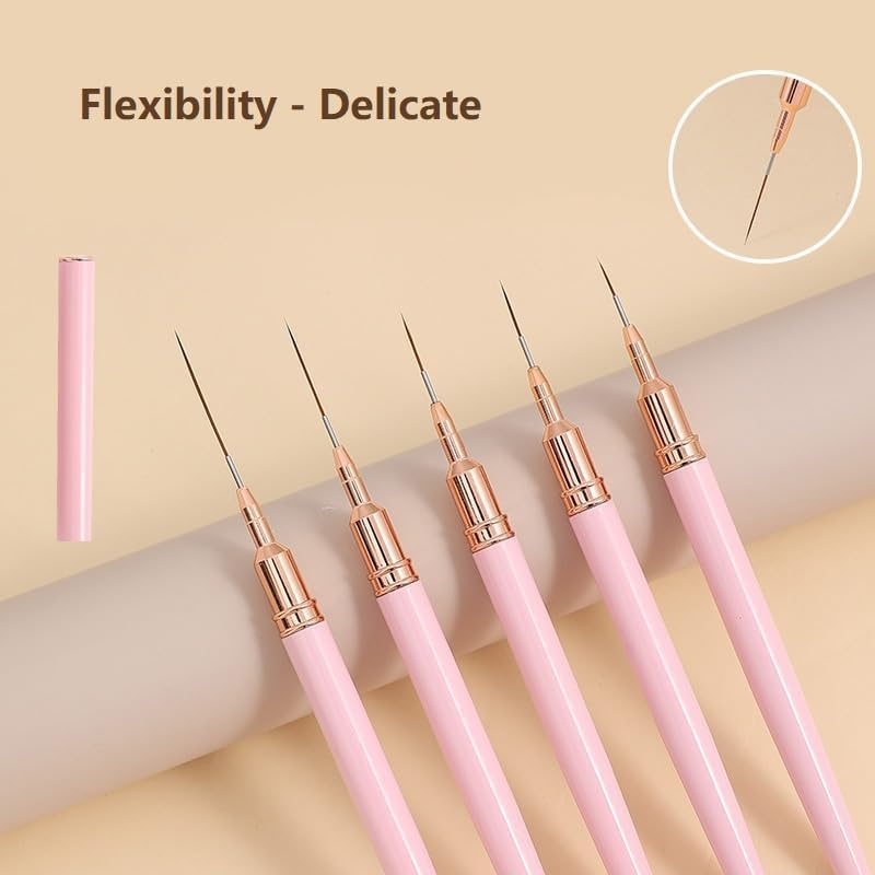 5Pcs Nail Art Brushes Liner Striping Brush, Super Fine Nail Art Long Striper Pen Set for Thin Lines, Tiny Details, Fine Drawing, Delicate Coloring, Elongated Lines, Nail Brushes for Nail Art (Pink, One Size)
