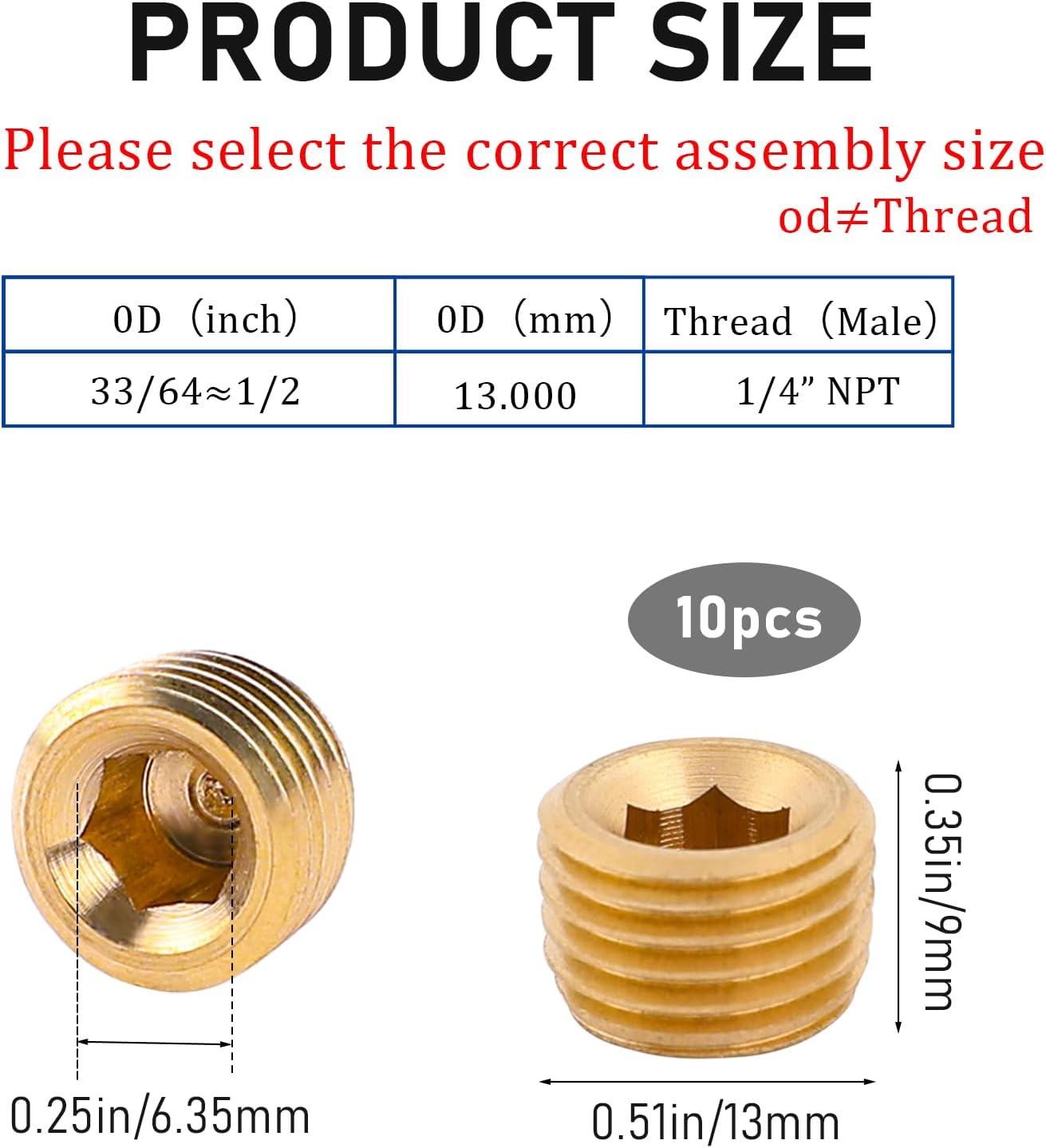 10 PCS 1/4" NPT Male Pipe Plug Fitting Set Brass Hex Counter Sunk Plugs for Closing the End of Pipe, Internal Hex Socket Thread Plug Kit image number 1