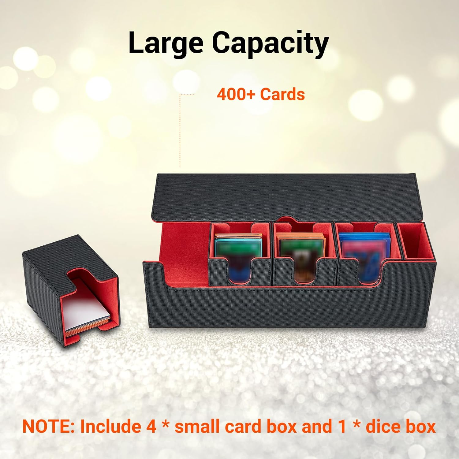 Card Deck Box for MTG, 5 in 1 Commander Deck Box Magic the Gathering Deck Box Trading Card Deck Storage Box Holding 400+ Unsleeved Cards Strong Magnet Yugioh Deck Box (Black and Red) - Black Grey 3 image number 7