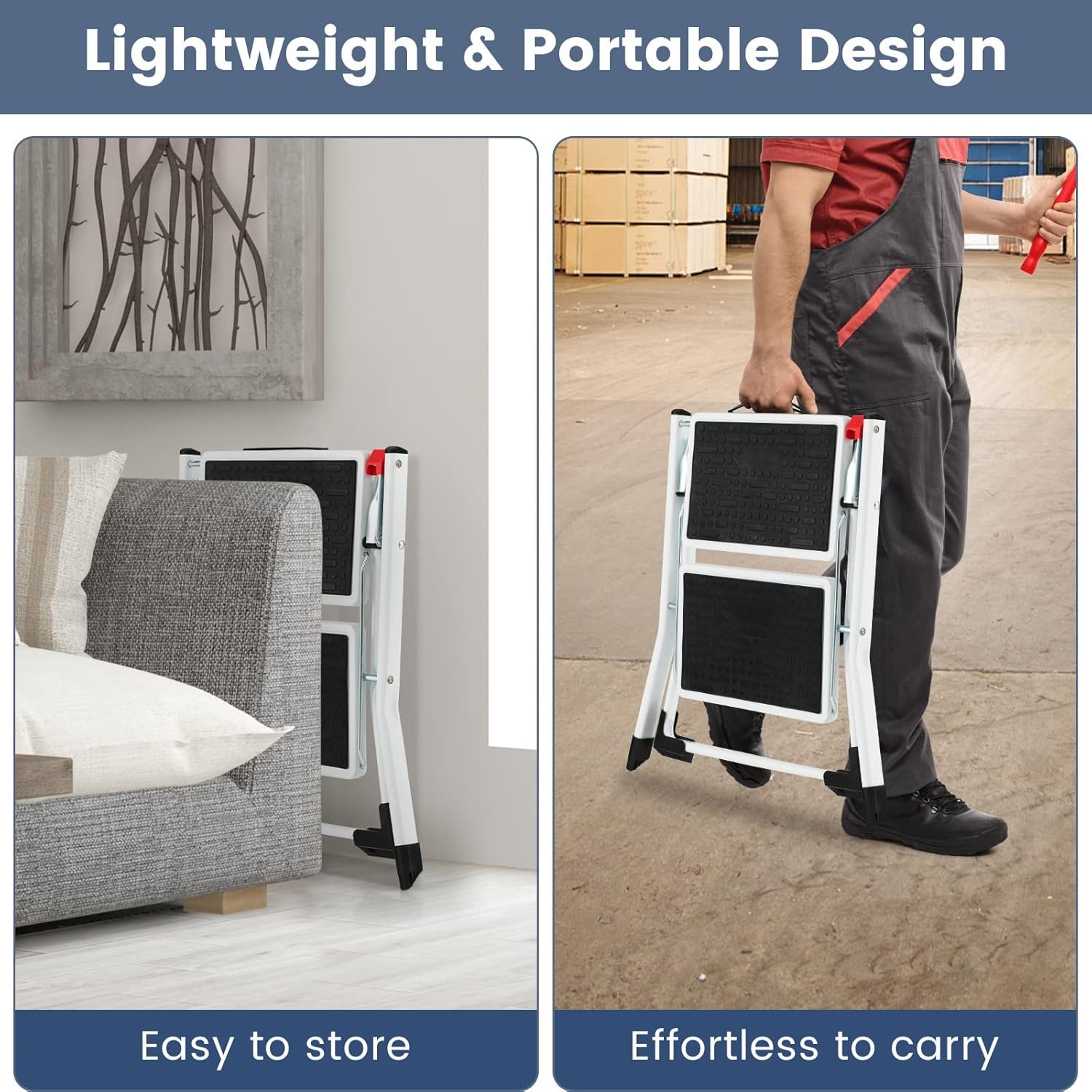 Costway 2 Step Ladder, Folding Step Stool with Heavy-Duty Metal Frame, Anti-Slip Pedal & Large Foot Pads, Portable & Lightweight Stepladder with 150Kg Weight Capacity for Household, Office image number 2