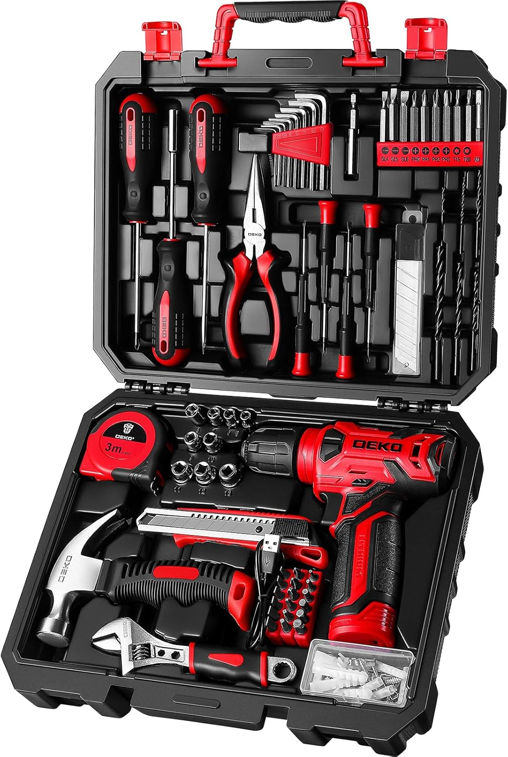 DEKOPRO - 8V Red Cordless Drill Tool Set, Home Tool Kit with Drill, Hand Tool Kits for Women, 126 Pieces image number 2